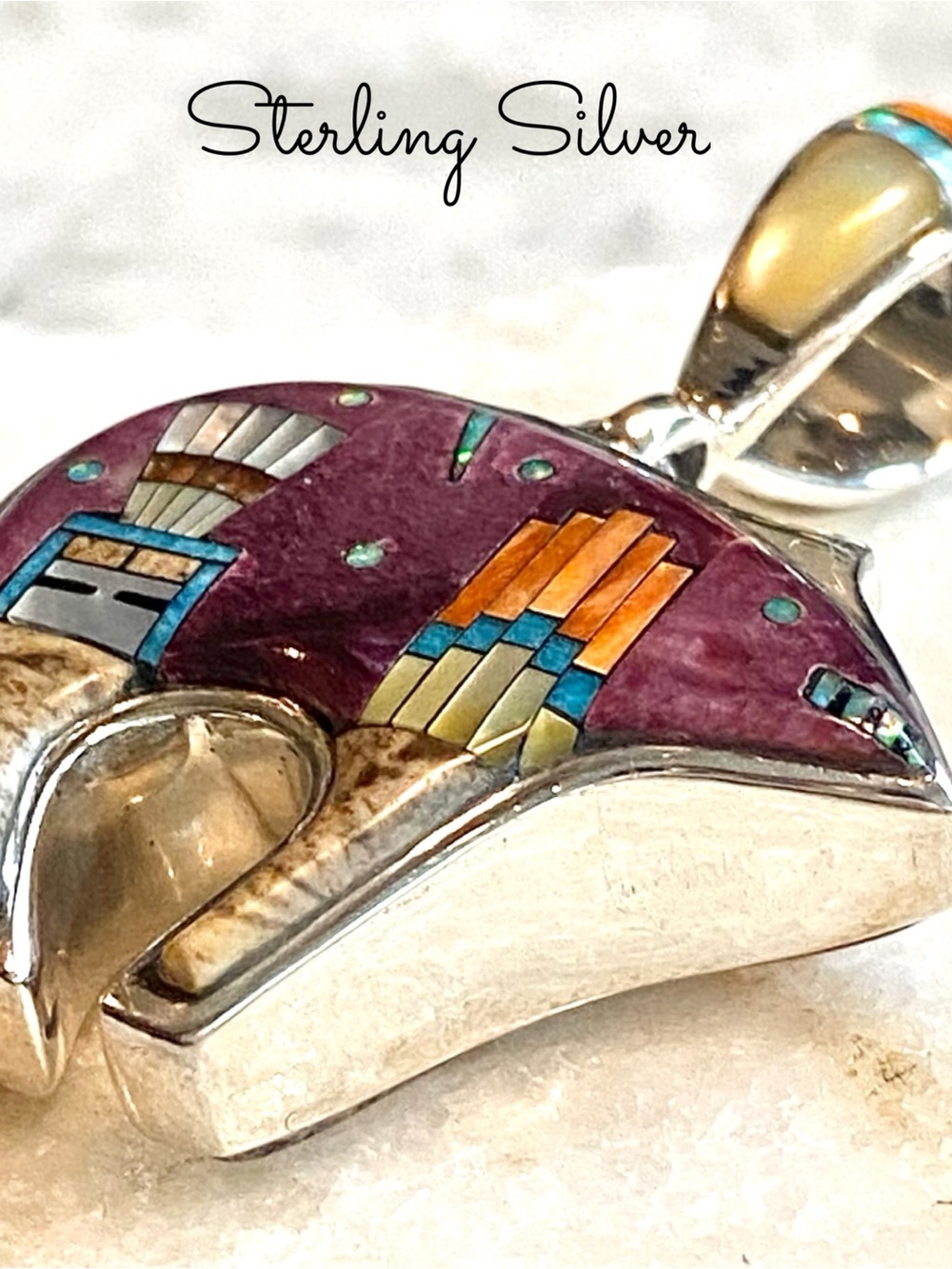Sterling Silver Micro Inlay Bear Reversible Pendant, Southwestern Style Design - Picture 6 of 11